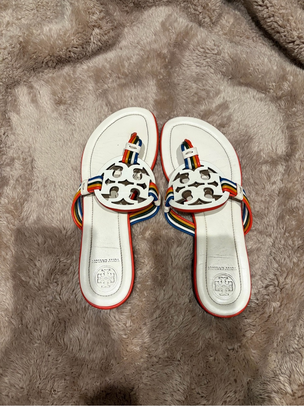 Tory Burch White Leather Sandals with Rainbow Straps